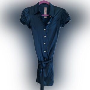 Elegant Teal Crystal Button-Up Dress